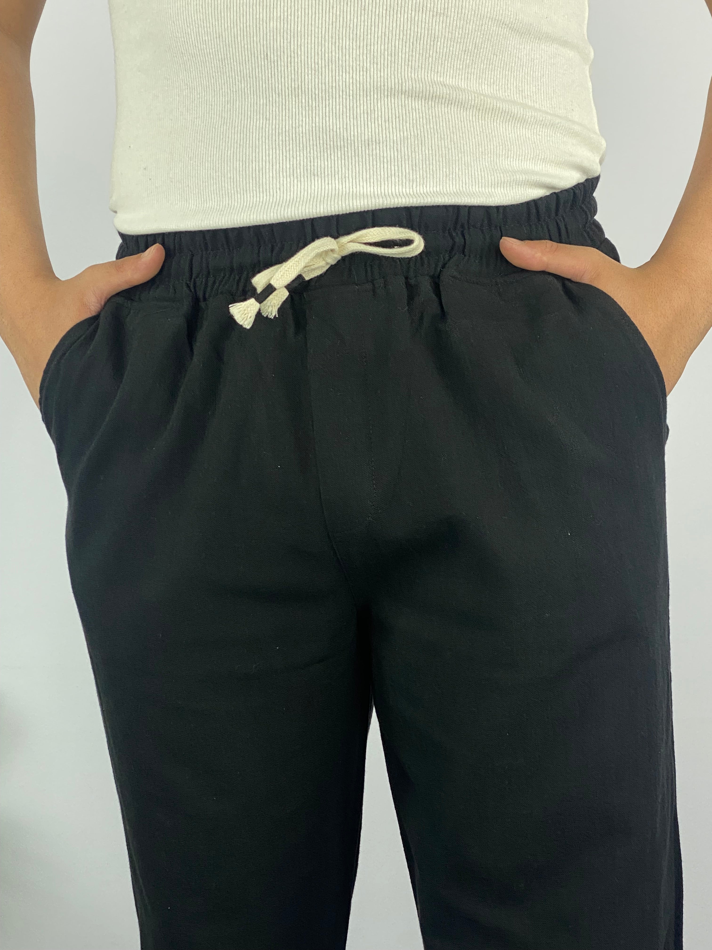 Siyah Boyfriend Kalıp Keten Pantolon